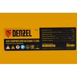 Denzel Компрессор воздушный BCI3000-T/200, ременный привод , 3.0 кВт, 200 литров, 530 л/мин 58119