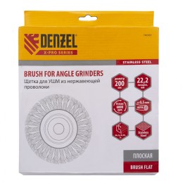 Denzel Щетка для УШМ, 200 мм, "Плоская", крученая нержавеющая проволока 0.5 мм, посадка 22.2 мм 746383
