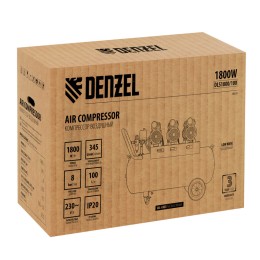Denzel Компрессор безмасляный, малошумный DLS 1800/100,1800 Вт, 3x600, 100 л, 345 л/мин 58028