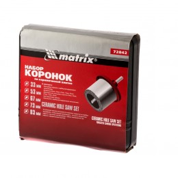 Matrix Набор коронок по керамической плитке, 33-53-67-73-83 мм, напил, в пластиковом боксе, шестигранный хвостовик 72842