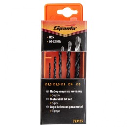 Sparta Набор сверл по металлу, 1.5-2.5-3-4-5 мм, HSS, 5 шт, пластиковый бокс, цилиндрический хвостовик 723155