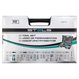 Stels Набор инструментов 1/2, 1/4, CrV, 12 гранные головки, пластиковый кейс, 82 предмета 14117