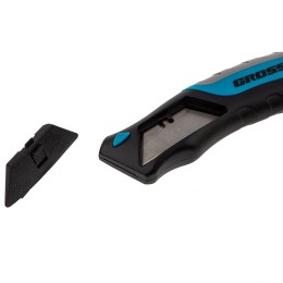 Gross Нож ремонтно-монтажный, трехкомпонентная рукоятка, кнопочный автовыброс, возврат лезвия, 175 мм, 5 запасных лезвий 78879