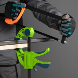 Сибртех Струбцина F-образная, быстрозажимная, 150 х 70 х 360 мм, пластиковый корпус, фиксатор, двухкомпонентная рукоятка 20563