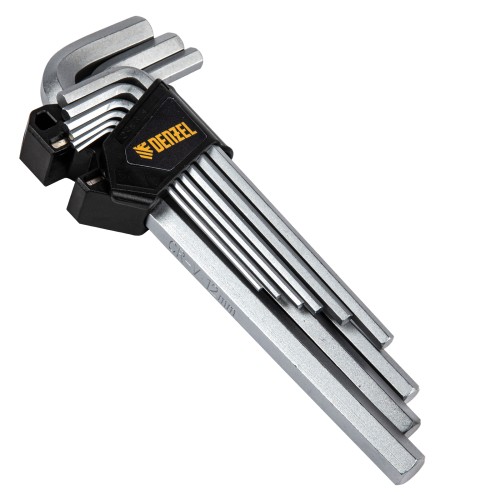 Набор ключей имбусовых, HEX, 2-12 мм, CrV, 9 шт., удлиненные Denzel 12369