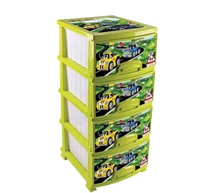 РОССПЛАСТ Комод 4 секции ДЕКОР МАШИНКИ белый/лимон РП-421