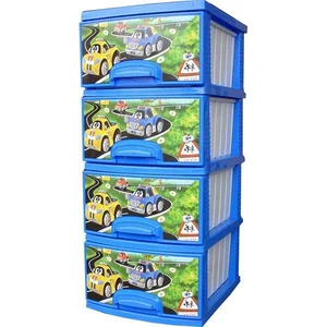 РОССПЛАСТ Комод 4 секции ДЕКОР МАШИНКИ белый/синий РП-421