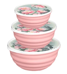 DELTA Комплект мисок "Latina" 3 штуки (1,1 л + 2,1 л + 3,2 л) с крышками "Сад пионов" (розовый) 223152508/04