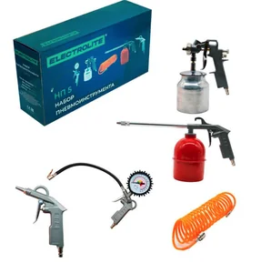 ELECTROLITE Набор пневмоинструмента 5 предметов (Краскопульт , пистолет для вязких жид.,Продув.пист. ,Шланг 5 м. Подкач. для колес с маном)