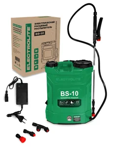 ELECTROLITE Опрыскиватель акк. BS-10 (Бак 10л, Произв.-3,6л/мин, давление 0,15-0,4Мпа, акб 12В/8Ач, Вес брутто/нетто-4,76/4,0кг)