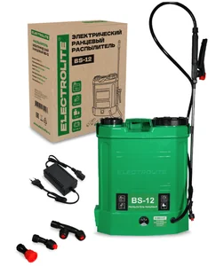 ELECTROLITE Опрыскиватель садовый аккумуляторный BS-12 ( 12 л, телескопические ручки, 3 насадки, 0,4бар, 3,6л/мин )