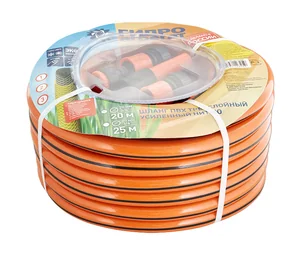 ГИДРОАГРЕГАТ Шланг поливочный 3/4 дюйма, 20 м, армированный, 3-х слойный оранжевый с черной полосой (набор коннекторов)