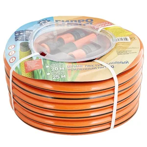 ГИДРОАГРЕГАТ Шланг поливочный 3/4 дюйма, 20 м, армированный, 3-х слойный оранжевый с полосой набор коннекторов