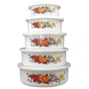MALLONY Набор из 5 эмалированных мисок с крышками, FAMILIA, 195/340/600/850/1250 мл, цвет: белый с дизайном 008764