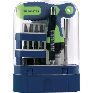 Сибртех Отвертка Т-образная реверсивная с набором бит, торцевых головок, 33 предмета, CrV 13382