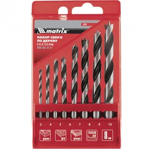 Matrix Набор сверл по дереву, 3-4-5-6-7-8-9-10 мм, 8 шт, цилиндрический хвостовиковик, пластиковый кейс, 70282