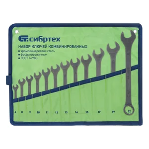 Сибртех Набор ключей комбинированных, 6-22 мм, 12 шт, CrV, фосфатированные, ГОСТ 16983 15477