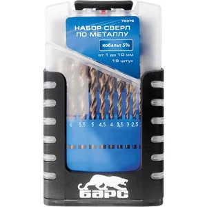 Барс Набор сверл по металлу, 1-10 мм (через 0.5 мм), 19 шт, Р6М5К5, вышлиф, цилиндрический хвостовик 72376