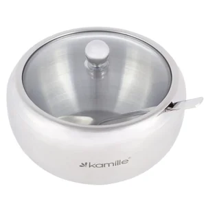 Kamille Сахарница 560 мл. из нержавеющей стали KM-7003 с ложечкой и стеклянной крышкой