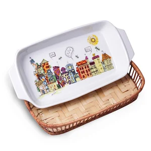 Kamille Форма керамическая для запекания 2,4 л. прямоугольная KM-6303 (41х20х6 см) с ротанговой корзинкой