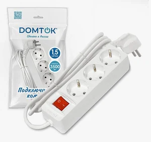 Удлинитель бытовой DOMTOK 3 гнезда, ПВС 3*1, 3,5кВт, с/з, выкл. 1,5м