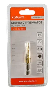 Sturm Сверло ступенчатое по металлу 4-12мм шаг 2мм HSS+TIN прямое 1055-S412