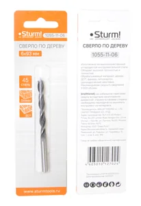 Sturm Сверло спиральное по дереву D=6мм, L=93мм, цил. Хв., блистер, 1055-11-06