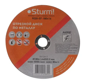 Sturm! Диск отрезной по металлу, АРМИРОВАННЫЙ, размер 180x1.6x22.23 9020-07-180x16