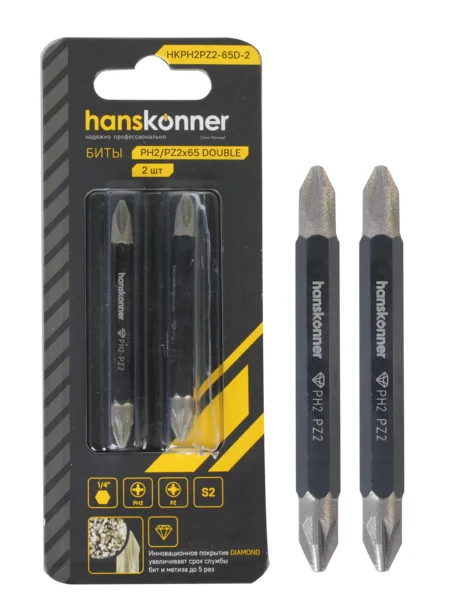 Hanskonner Биты двустор., PH2xPZ2x65мм, сталь S2, Diamond, 2шт, HKPH2PZ2-65D-2