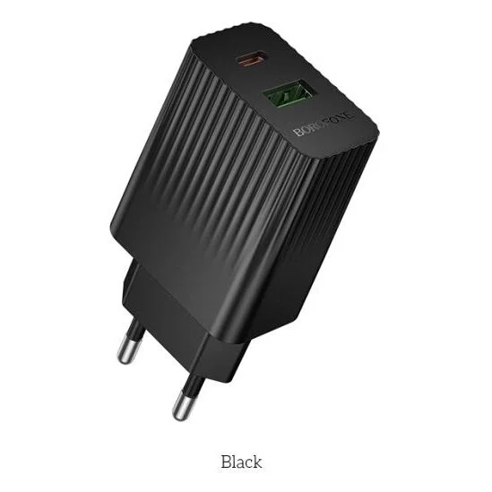 BOROFONE Сетевое зарядное устройство BAS74A/ СЗУ / PD + QC 3.0/ 2 USB: Type-C + Type-A/ Выход: 20W + 18W/ Черный