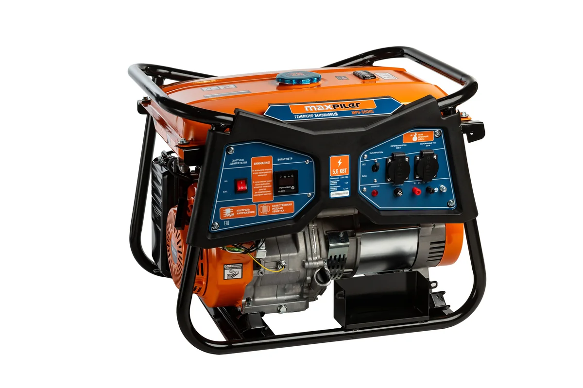 MAXPILER Генератор бензиновый MPG-5500C (5,5/5кВт, 13л.с., 4Т, медная обмотка, розетки 2*220В и 12В, цифровой диспей, AVR, защита от перегруза)