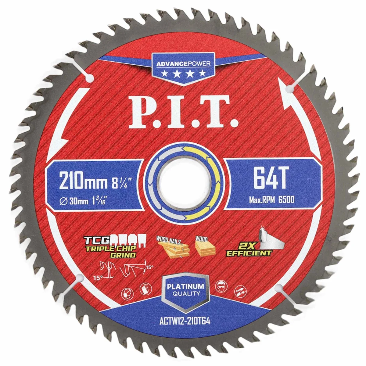 P.I.T. Диск пильный по дереву ADVANCE 210x30x2,2 мм, 64T Carbide, зуб TCG 15° (ACTW12-210T64)