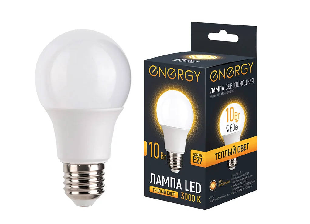 Energy Лампа светодиодная LED А60-10-E27-3000. 109307-SK