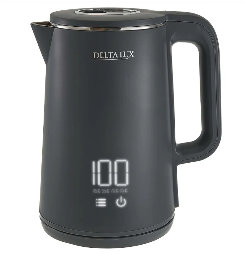 DELTA Чайник электрический 2000 Вт, 1,8 л LUX DE-1023, двойной корпус, LCD дисплей, 5 режимов, серый