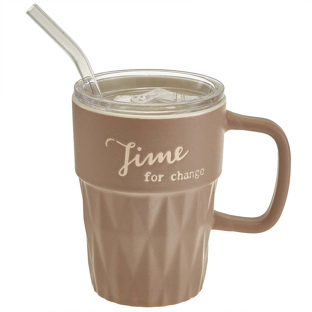 ROSARIO Кружка с крышкой и трубочкой 430 мл Time for change Ф11-095L1 коричневый