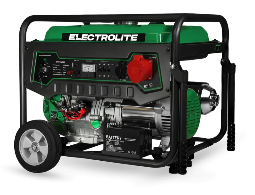 ELECTROLITE Генератор бензиновый 9000S/380 со стартером (7.0-8.0 кВт, 380В, эл. стартер, двиг. 445 куб.см,вес 92 кг, в комплекте колеса и ручки)