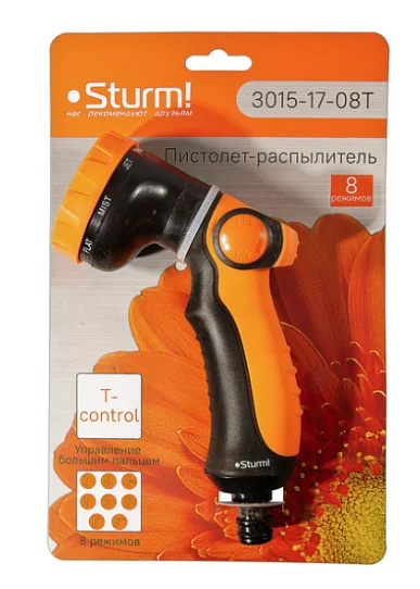 Sturm Пистолет д/полива 8 режимов, пластик. УПРАВЛ больш пальц корпус 3015-17-08T