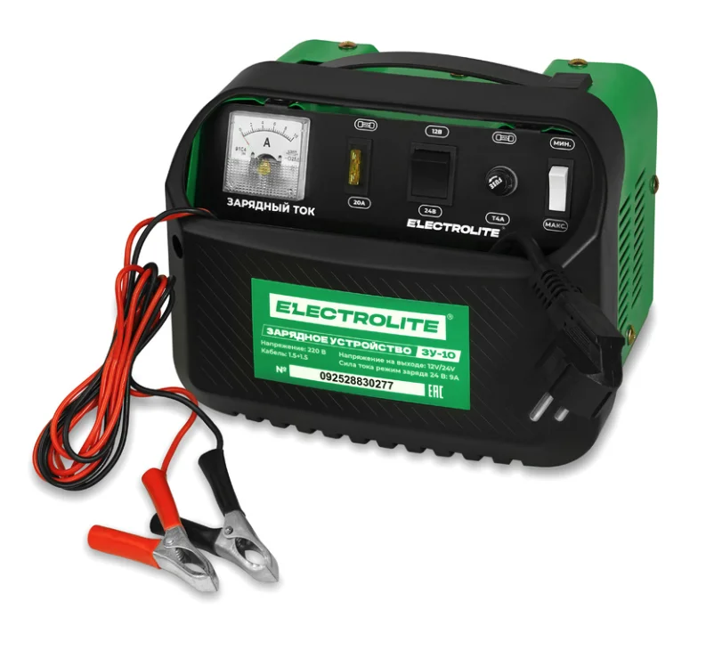 ELECTROLITE Зарядное устройство ЗУ-10 (Вых. напр.-6/12В, Зар. ток-3,5/5А, Ёмкость АКБ-15-60Ач, Вес-3,3кг)