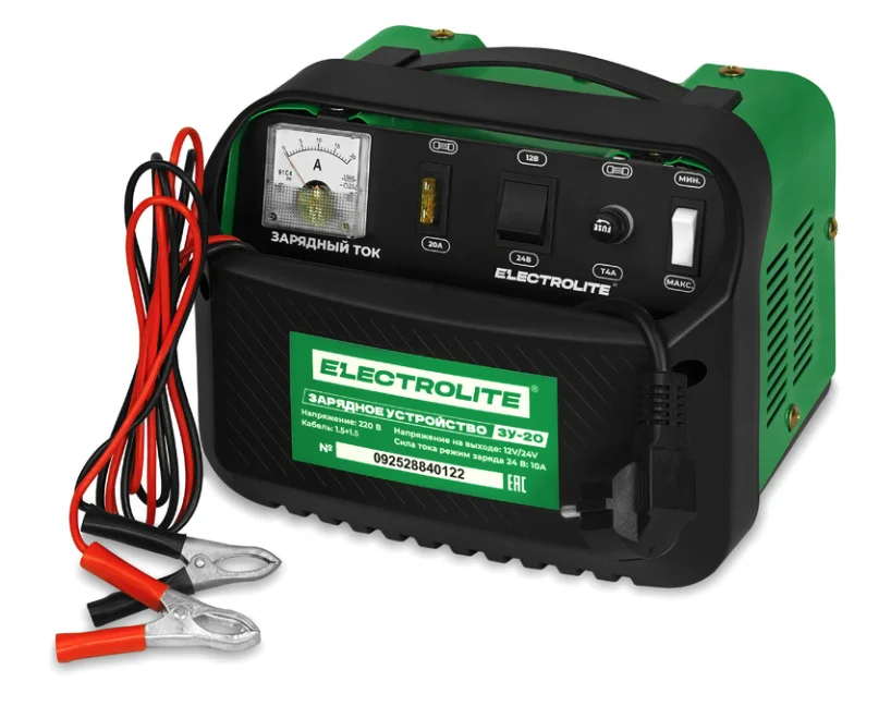 ELECTROLITE Зарядное устройство ЗУ-20 (Вых. напр.-12/24В, Зар. ток-7/10А, Ёмкость АКБ-40-120Ач, Вес-4,4кг)