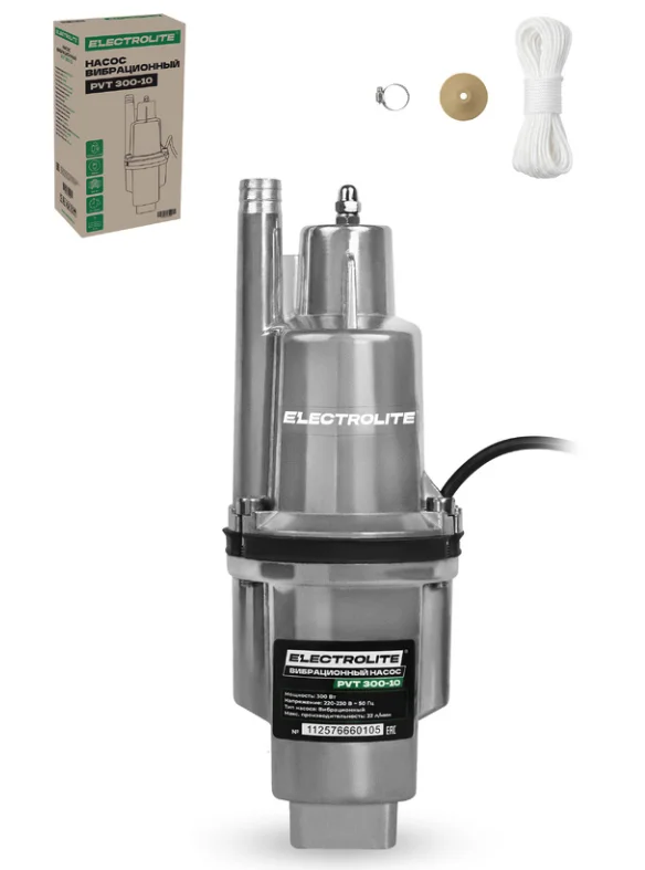 ELECTROLITE Насос вибрационный PVT 300-10 (230В, 300Вт, 22мин/л, высот.подъема воды 72м, погружение 3м, d насоса 4дюйма, забор воды верхний)