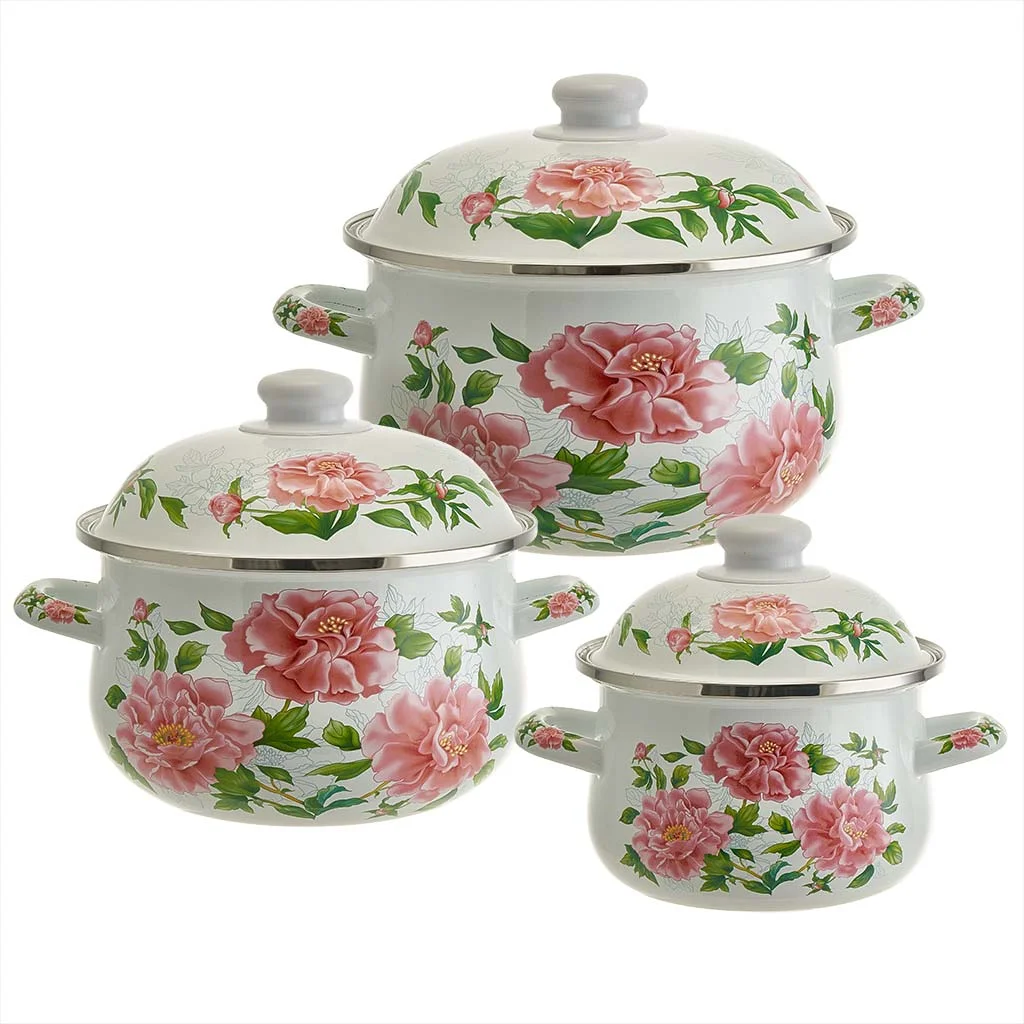 MetaLLoni Набор кастрюль эмалированных 1,5 л, 2,8 л, 3,6 л, Пионы EM-1640