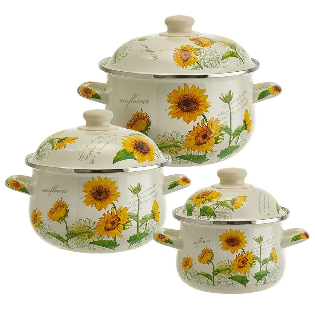 MetaLLoni Набор кастрюль эмалированных 1,5 л, 2,8 л, 3,6 л, Подсолнухи EM-1642