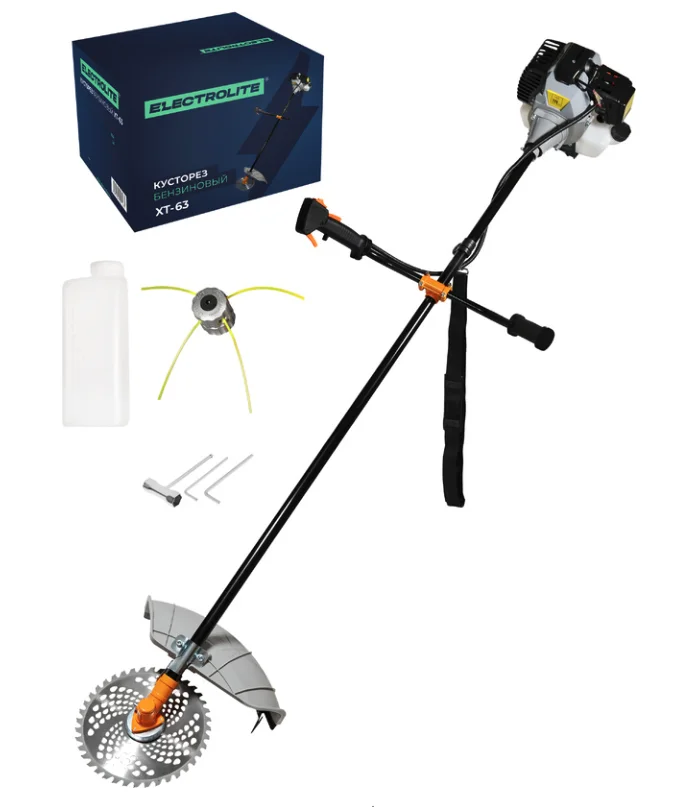 Electrolite Мотокоса XT-63 (63 см3, 3 кВт, max диаметр лески 5 мм, штанга цельная, нож 40Т, катушка "паук", ремень через плечо)