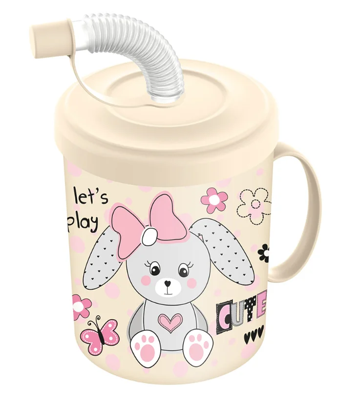 DELTA Кружка детская с крышкой, трубочкой и колпачком 300 мл "Зайка" (светло-бежевый) 221502025/01