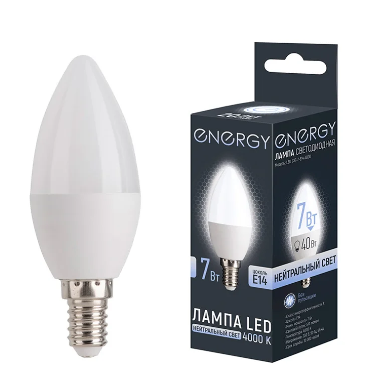 Energy Лампа светодиодная LED С37-7-E14-4000. 109289-SK