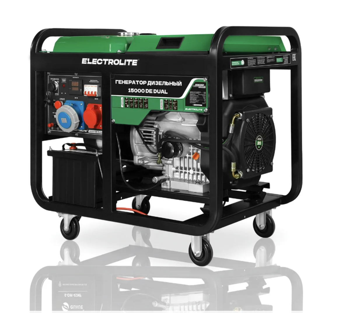 Electrolite Генератор дизельный 15000DE DUAL (электростартер, Dual Power, 220В/380В, 1×63А+1×32А, 4-х такт, 12-13кВт, 2 цилиндра, 20л.с., 4л/ч, бак 25л)