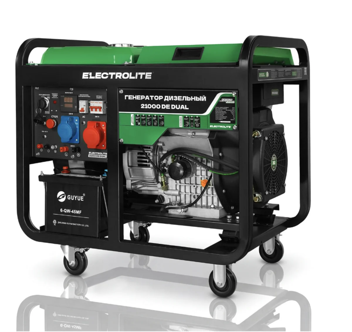 Electrolite Генератор дизельный 21000DE DUAL (электростартер, Dual Power, 220В/380В, 2×32А, 4-х такт, 17-18кВт, 2 цилиндра, 30л.с., 5.5л/ч, бак 25л)