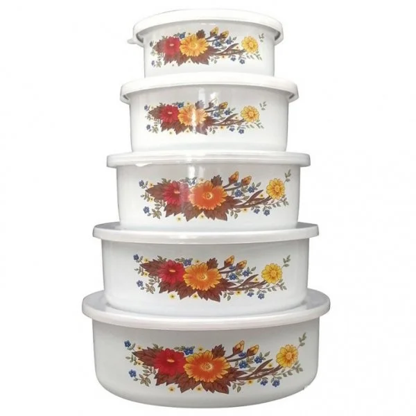 MALLONY Набор из 5 эмалированных мисок с крышками, FAMILIA, 195/340/600/850/1250 мл, цвет: белый с дизайном 008764