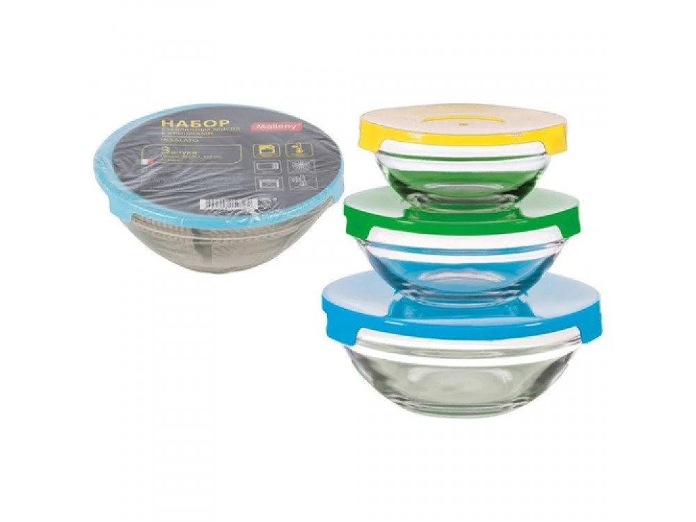 MALLONY Набор из 3 стеклянных мисок с крышками INSALATO (360/510/920мл) 007178