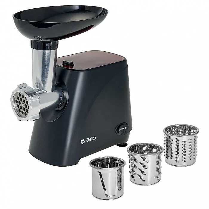 DELTA Мясорубка электрическая 2000 Вт, 1,8 кг/мин DL-6106M черная с красным + 3 насадки-овощерезки